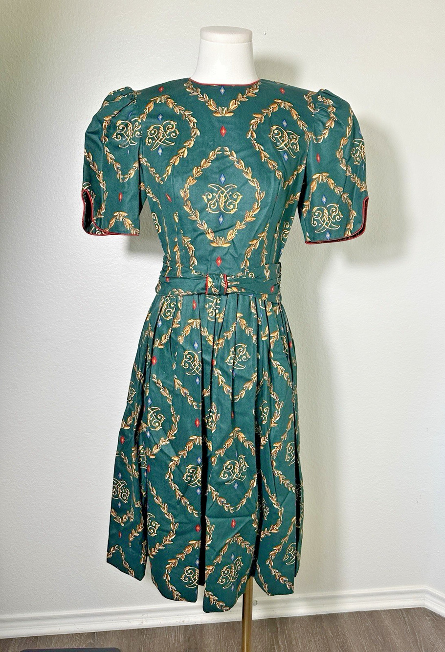 Vintage 1990s Antree Green Cotton Midi Dress Size 4 Belted Fit Flare USA